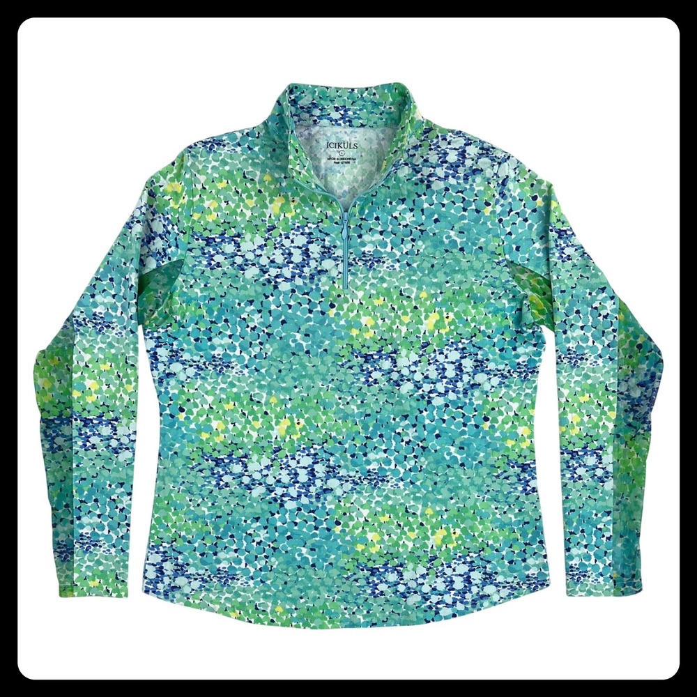 ICIKULS Sun Shirt Women Large Green Blue Watercolor Mesh 1/4 Zip UPF 50+